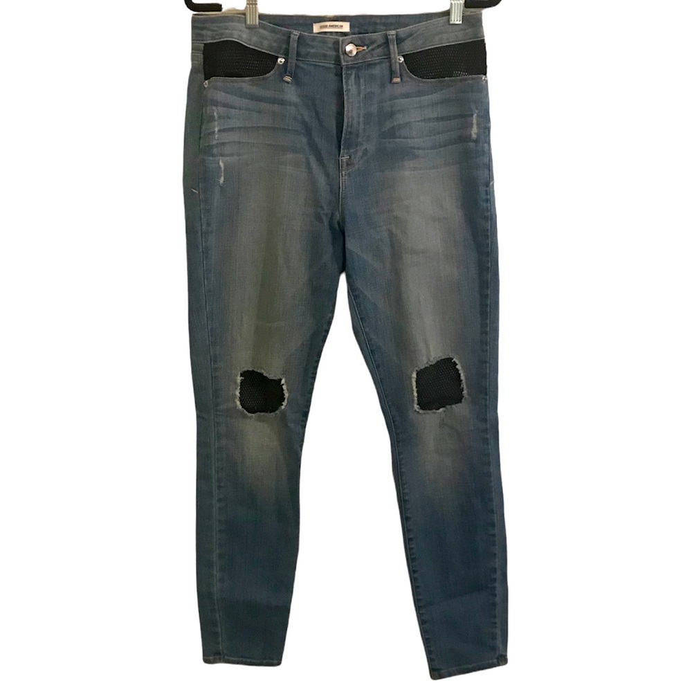 Good American Dark Blue Skinny Jeans with Knee Patch Details